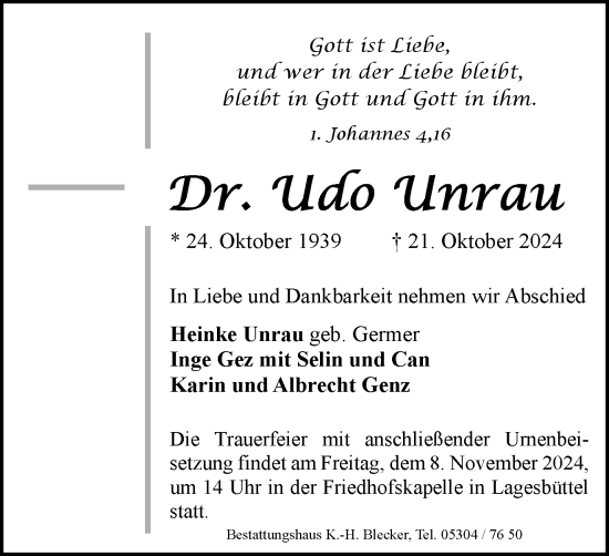 Traueranzeige von Udo Unrau von Braunschweiger Zeitung