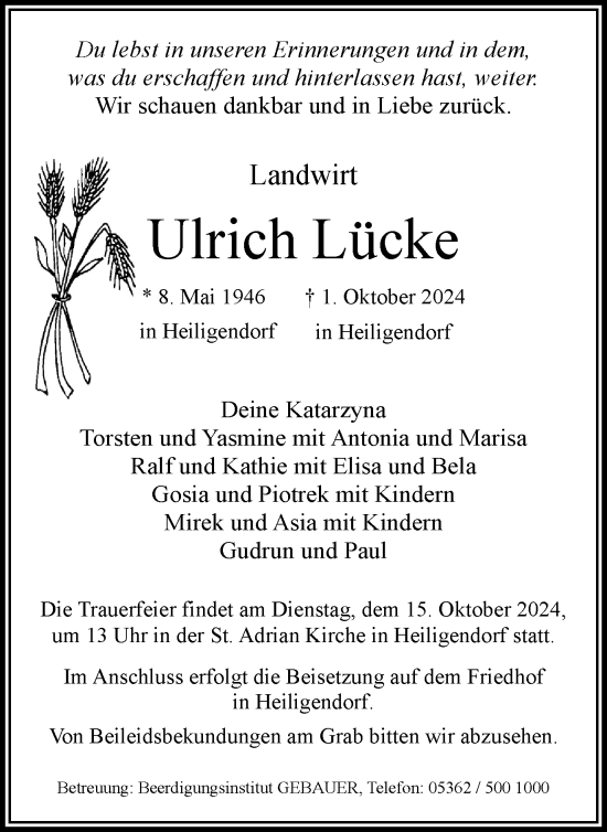 Traueranzeige von Ulrich Lücke von Wolfsburger Nachrichten