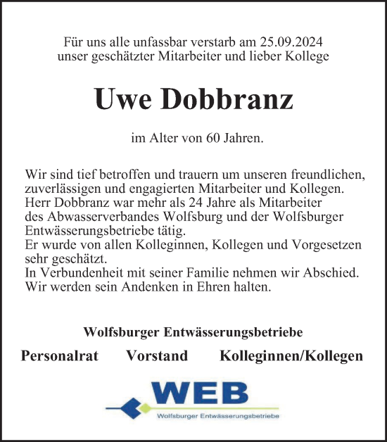 Traueranzeige von Uwe Dobbranz von Wolfsburger Nachrichten