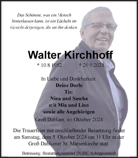 Traueranzeige von Walter Kirchhoff von Wolfenbütteler Zeitung