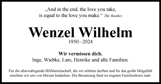 Traueranzeige von Wenzel Wilhelm von Wolfsburger Nachrichten, Helmstedter Nachrichten
