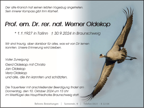 Traueranzeige von Werner Oldekop von Braunschweiger Zeitung