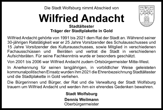 Traueranzeige von Wilfried Andacht von Wolfsburger Nachrichten