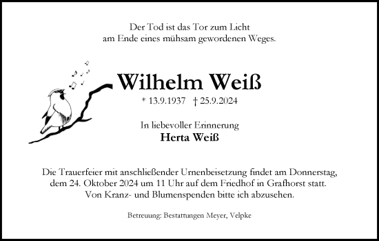 Traueranzeige von Wilhelm Weiß von Wolfsburger Nachrichten