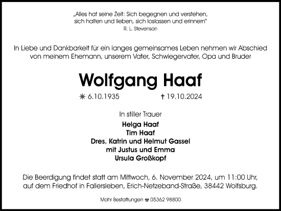Traueranzeige von Wolfgang Haaf von Wolfsburger Nachrichten