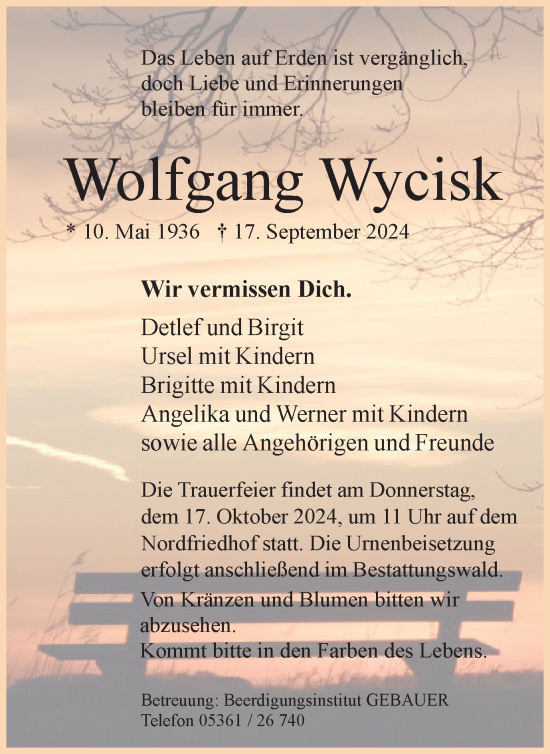 Traueranzeige von Wolfgang Wycisk von Wolfsburger Nachrichten