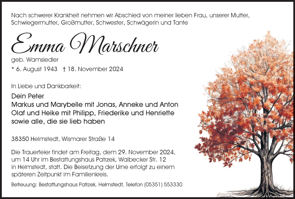  Traueranzeige für Emma Marschner vom 23.11.2024 aus Helmstedter Nachrichten