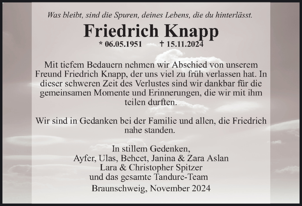  Traueranzeige für Friedrich Knapp vom 29.11.2024 aus 