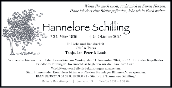 Traueranzeige von Hannelore Schilling 