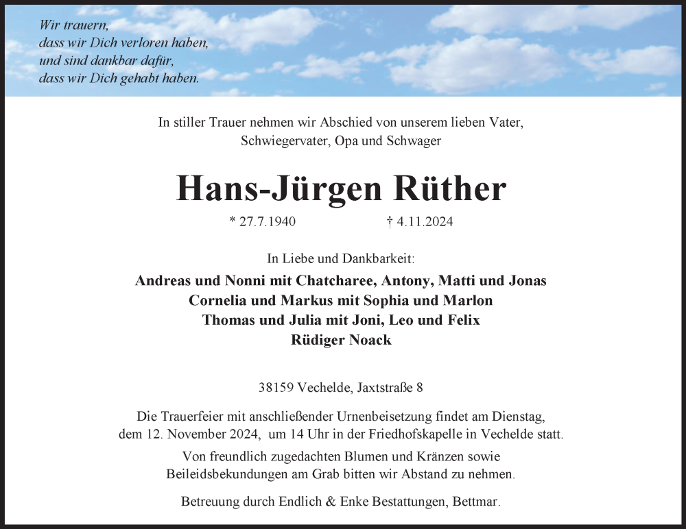  Traueranzeige für Hans-Jürgen Rüther vom 09.11.2024 aus Peiner Nachrichten