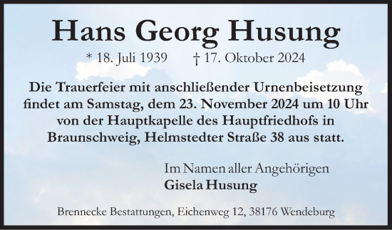 Traueranzeige von Hans Georg Husung 