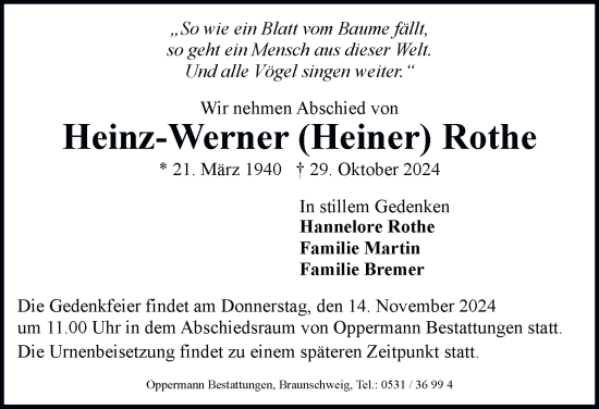 Traueranzeige von Heinz-Werner Rothe von Wolfenbütteler Zeitung