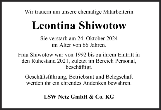 Traueranzeige von Leontina Shiwotow 