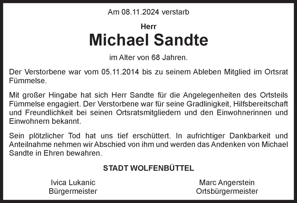  Traueranzeige für Michael Sandte vom 21.11.2024 aus Wolfenbütteler Zeitung