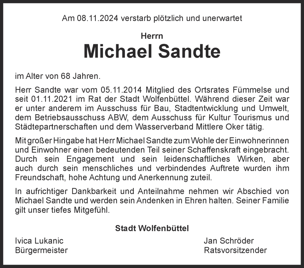  Traueranzeige für Michael Sandte vom 21.11.2024 aus Wolfenbütteler Zeitung