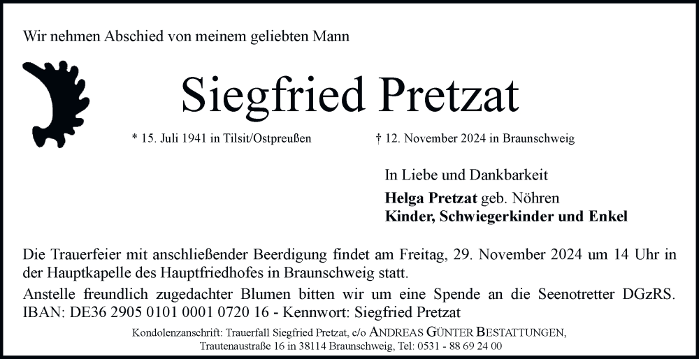  Traueranzeige für Siegfried Pretzat vom 16.11.2024 aus 