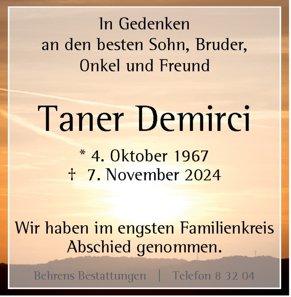  Traueranzeige für Taner Demirci vom 16.11.2024 aus Neue Braunschweiger am Samstag