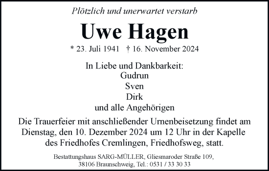 Traueranzeige von Uwe Hagen 