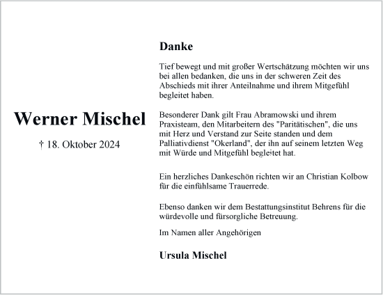 Traueranzeige von Werner Mischel 
