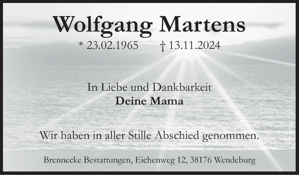  Traueranzeige für Wolfgang Martens vom 30.11.2024 aus Peiner Nachrichten