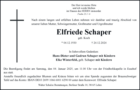 Traueranzeige von Elfriede Schaper 