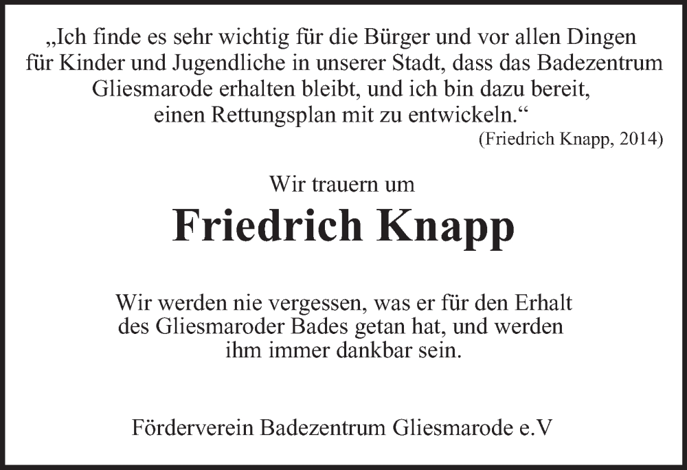  Traueranzeige für Friedrich Knapp vom 07.12.2024 aus 