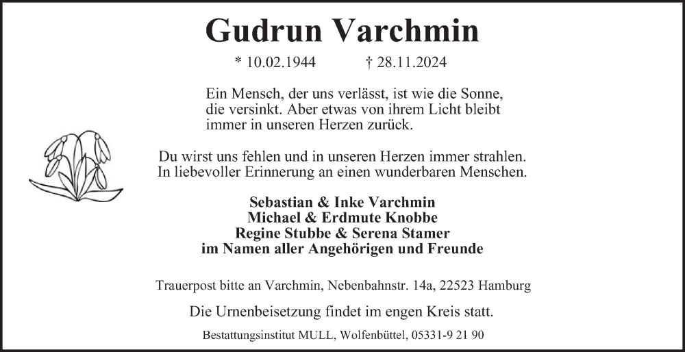  Traueranzeige für Gudrun Varchmin vom 07.12.2024 aus Wolfenbütteler Zeitung