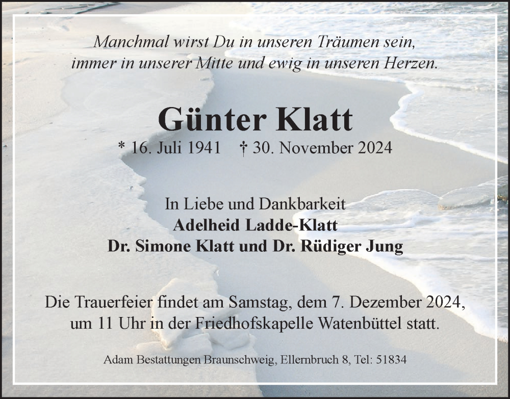  Traueranzeige für Günter Klatt vom 04.12.2024 aus 