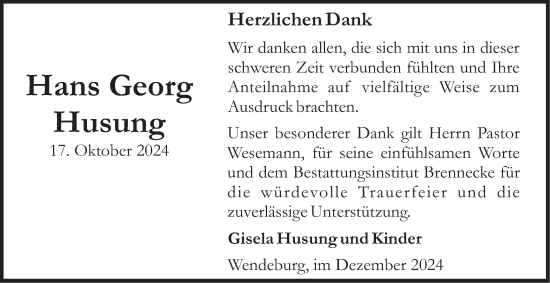 Traueranzeige von Hans Georg Husung 