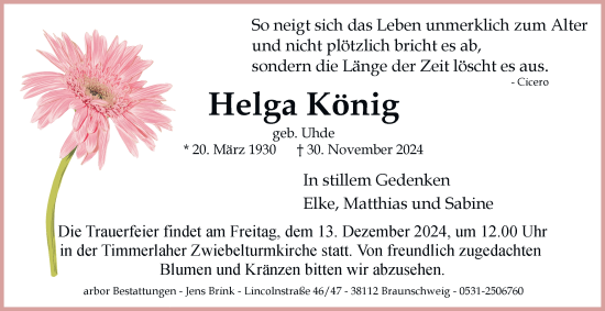 Traueranzeige von Helga König 