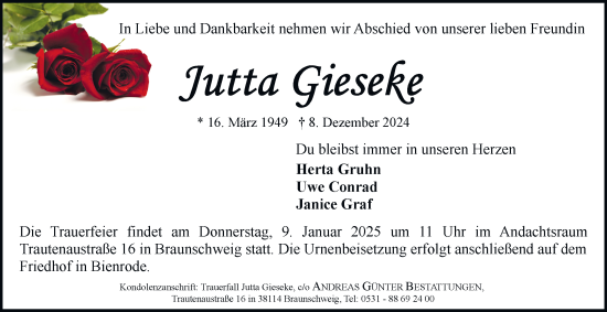 Traueranzeige von Jutta Gieseke 