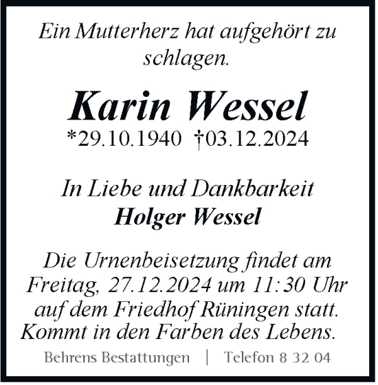 Traueranzeige von Karin Wessel 