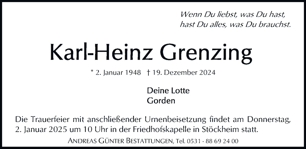  Traueranzeige für Karl-Heinz Grenzing vom 21.12.2024 aus 