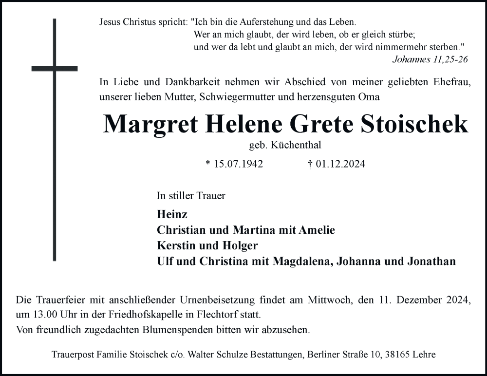  Traueranzeige für Margret Helene Grete Stoischek vom 07.12.2024 aus 