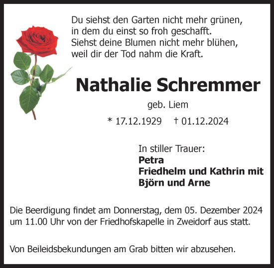 Traueranzeige von Nathalie Schremmer von Peiner Nachrichten