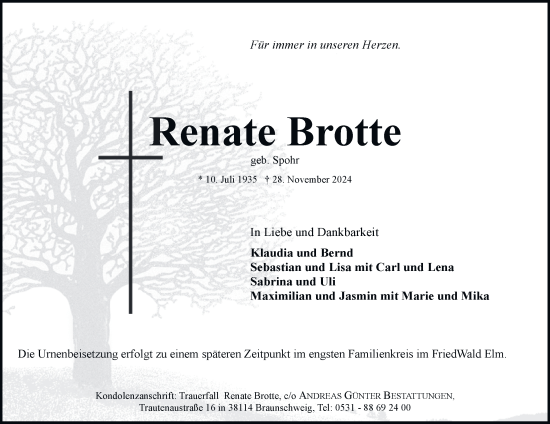 Traueranzeige von Renate Brotte 
