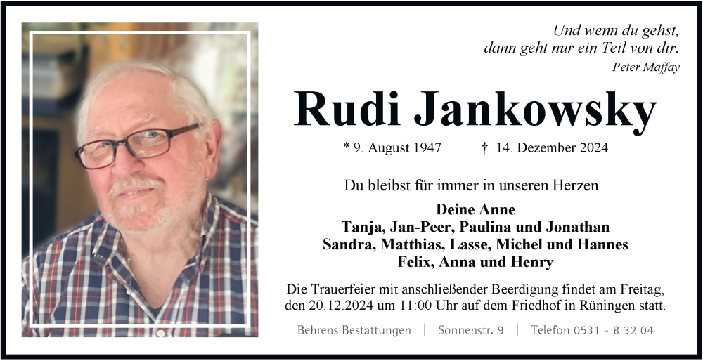  Traueranzeige für Rudi Jankowsky vom 18.12.2024 aus 