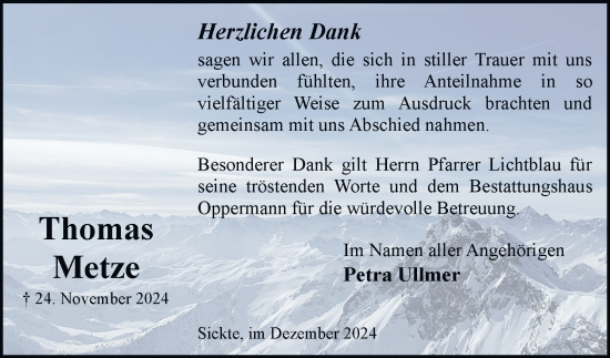 Traueranzeige von Thomas Metze von Wolfenbütteler Zeitung