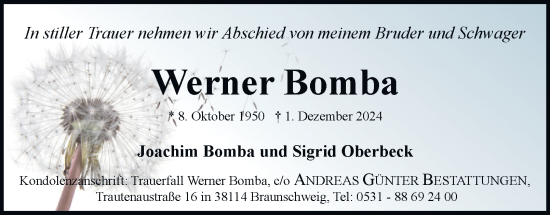 Traueranzeige von Werner Bomba 