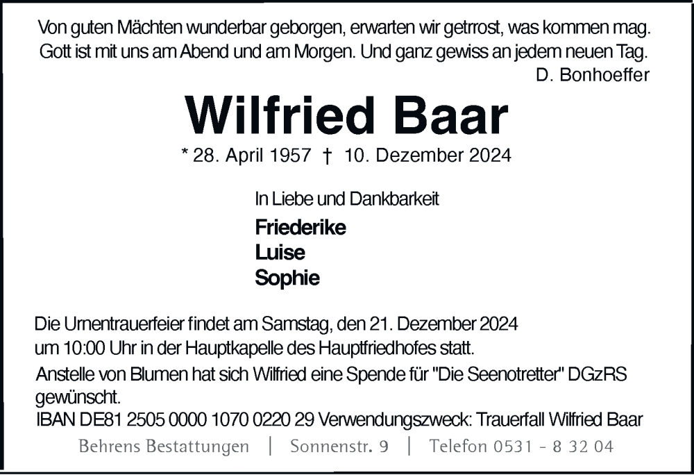  Traueranzeige für Wilfried Baar vom 14.12.2024 aus 