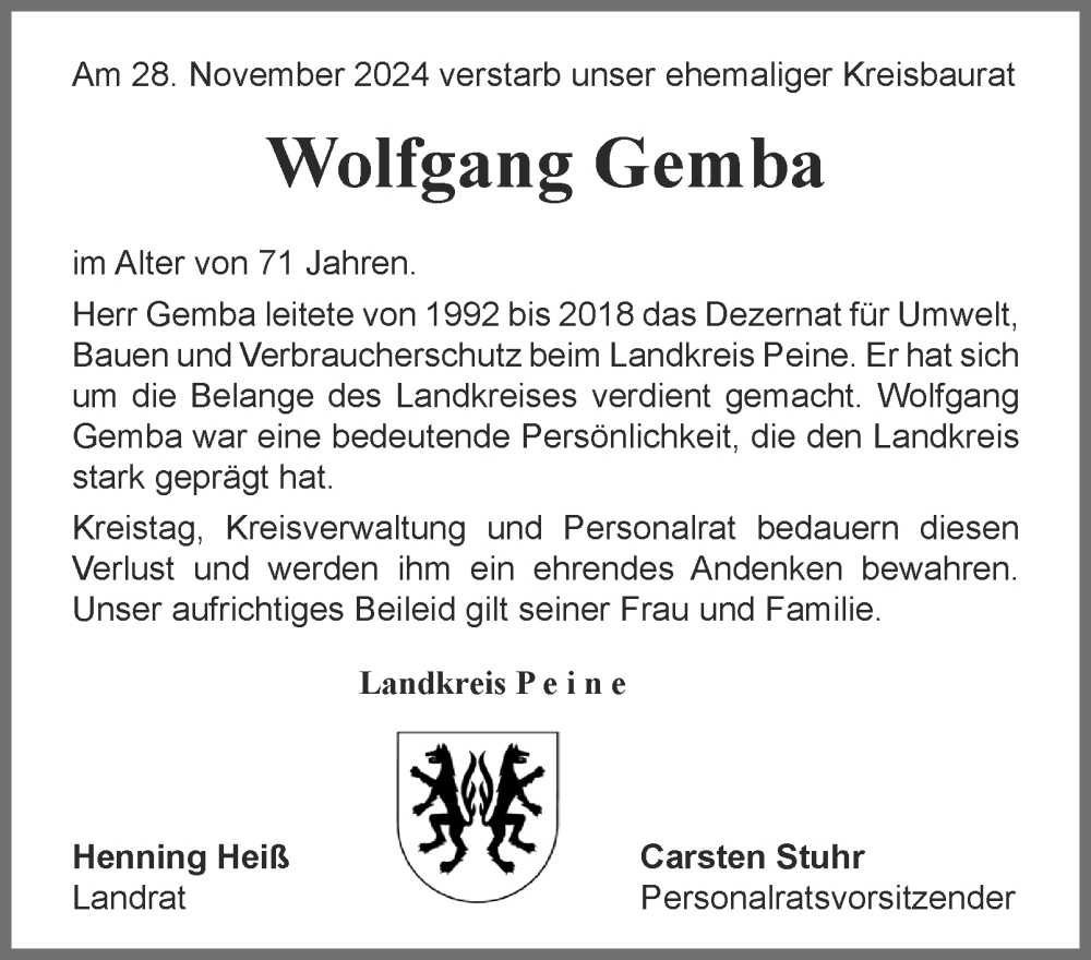  Traueranzeige für Wolfgang Gemba vom 21.12.2024 aus Peiner Nachrichten