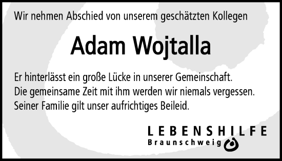 Traueranzeige von Adam Wojtalla von Braunschweiger Zeitung
