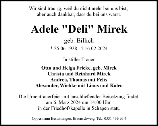 Traueranzeige von Adele Mirek von Braunschweiger Zeitung