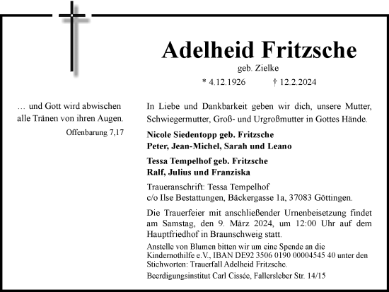 Traueranzeige von Adelheid Fritzsche von Braunschweiger Zeitung