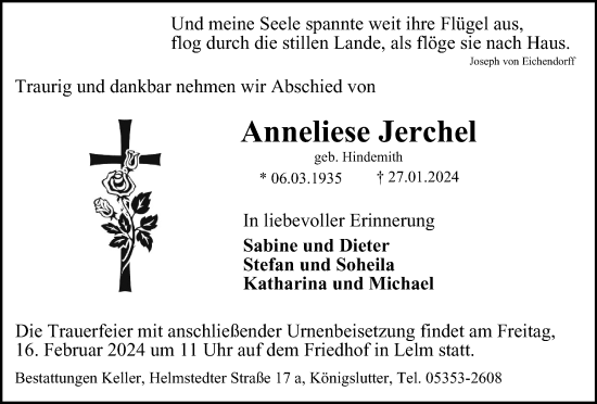 Traueranzeige von Anneliese Jerchel von Helmstedter Nachrichten