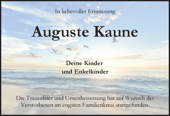Traueranzeige von Auguste Kaune von Wolfsburger Nachrichten