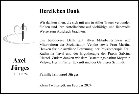 Traueranzeige von Axel Jürges von Wolfsburger Nachrichten