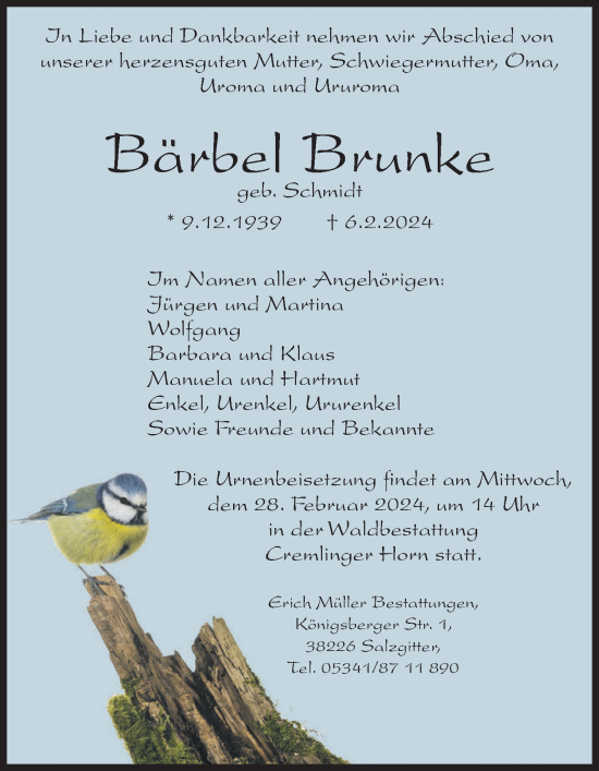 Traueranzeige von Bärbel Brunke von Neue Braunschweiger am Samstag