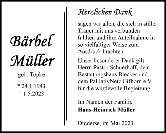 Traueranzeige von Bärbel Müller von Wolfsburger Nachrichten