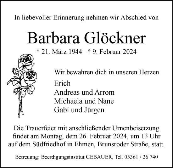 Traueranzeige von Barbara Glöckner von Wolfsburger Nachrichten